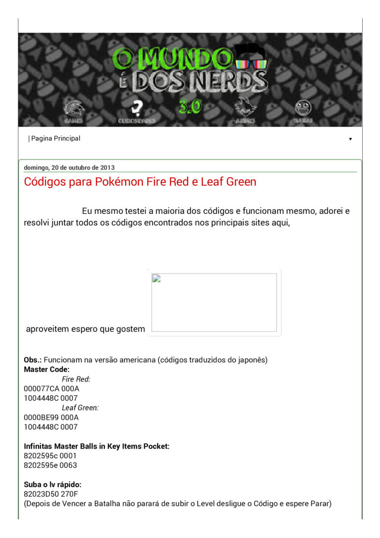 Códigos Pokémon Fire Red e Leaf Green