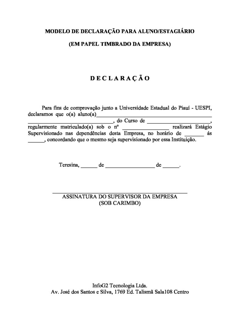 Modelo de declaração de estágio