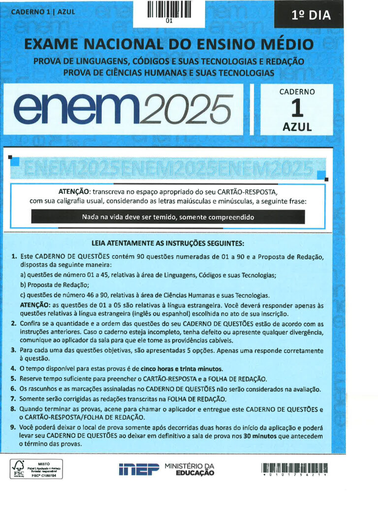 Prova Enem Primeiro Dia Caderno Azul – 2025