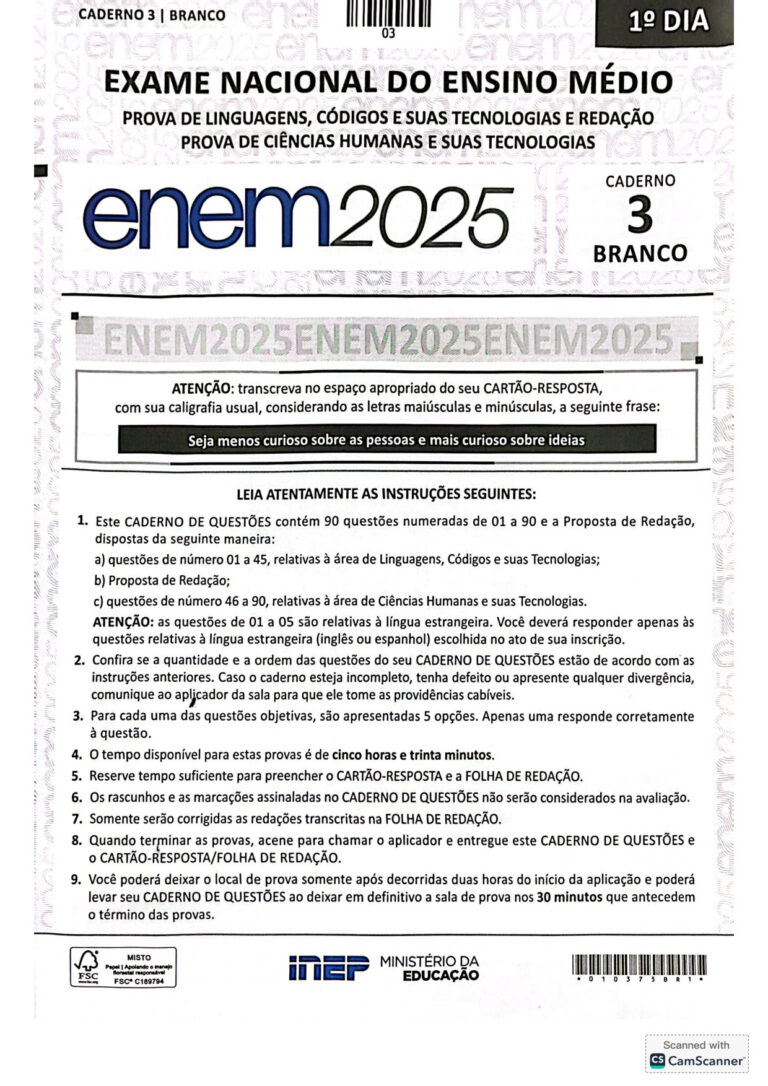 Prova Enem Primeiro Dia Caderno Branco – 2025