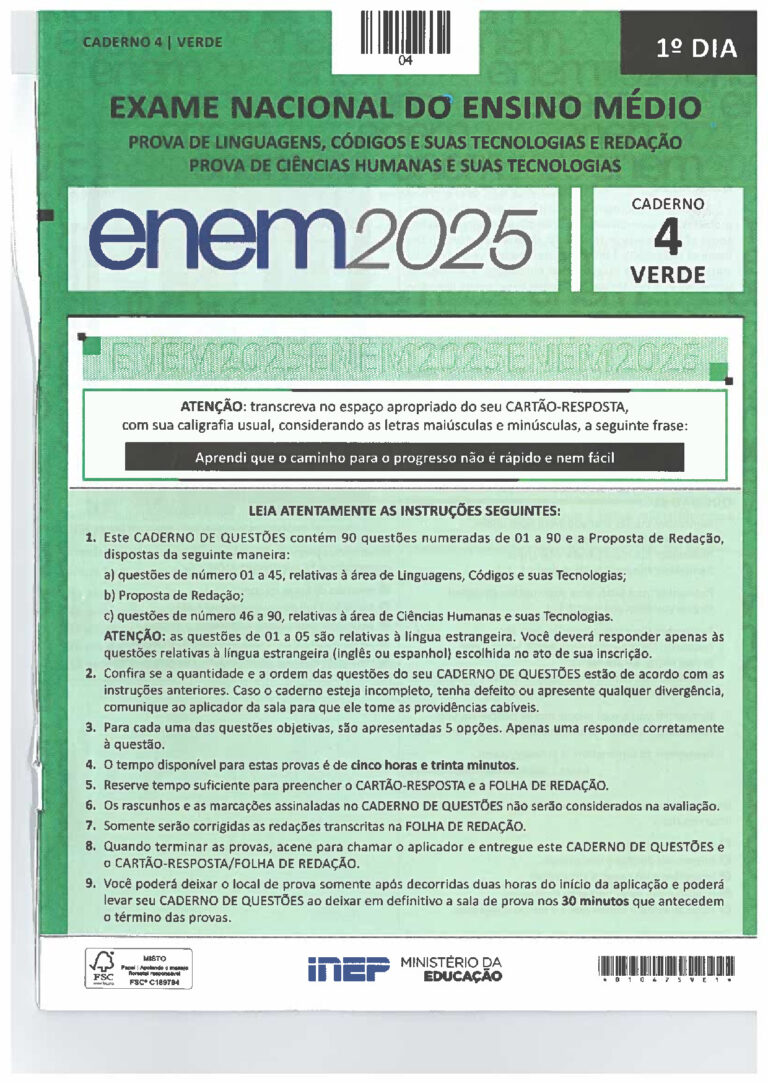 Prova Enem Primeiro Dia Caderno Verde – 2025